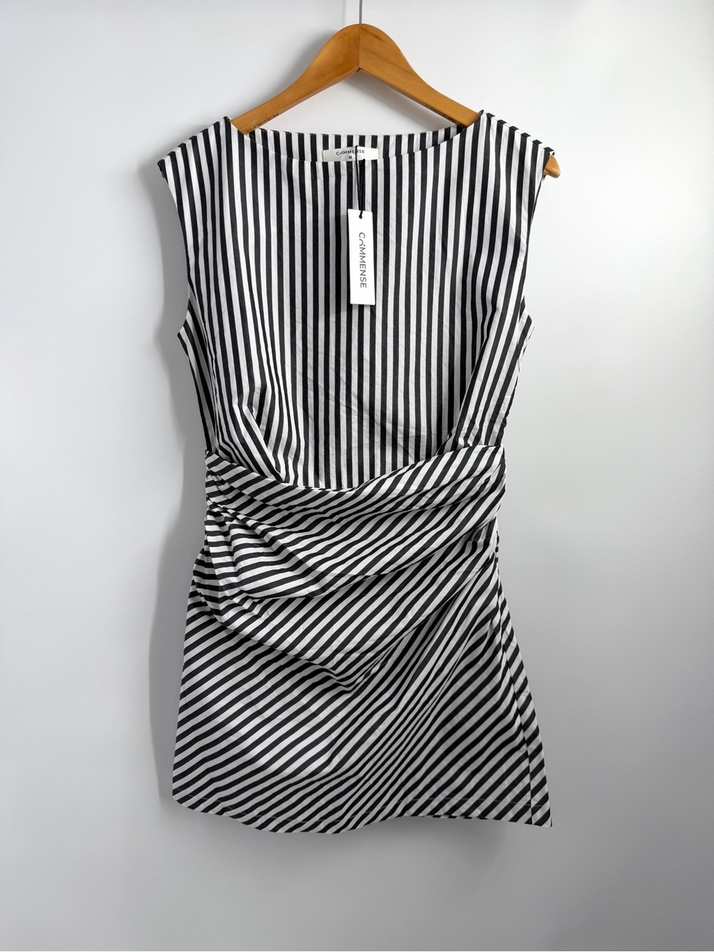 Commense Black & White Striped Draped Mini Dress